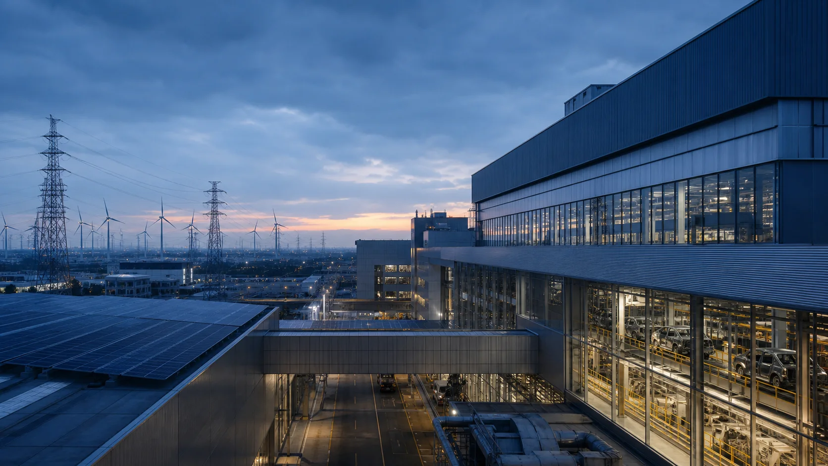 Modern European industrial infrastructure at dusk
